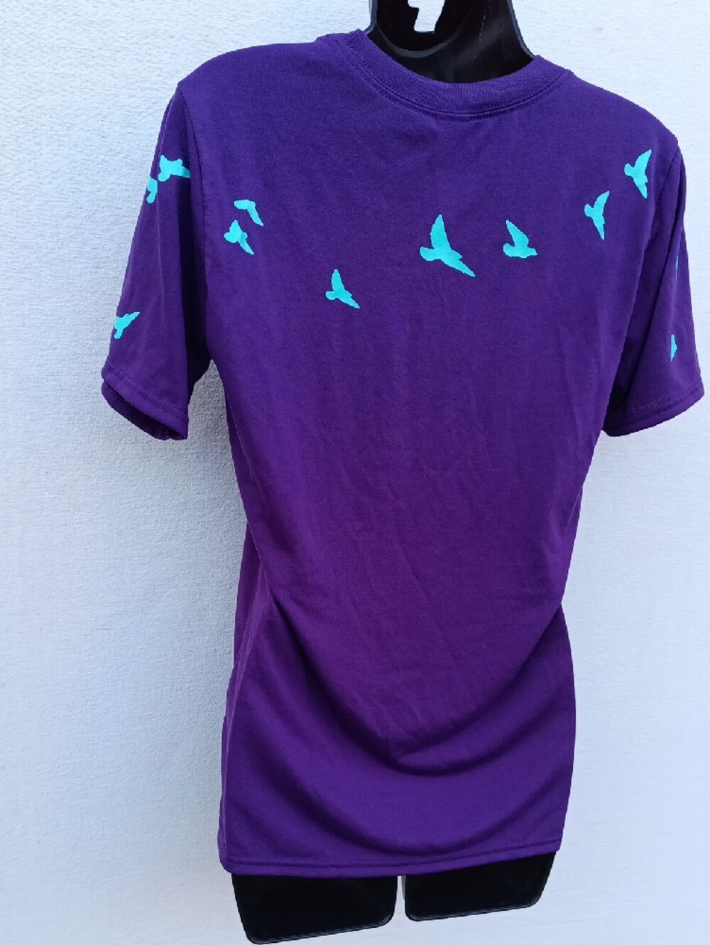 Upcycled Classic Royal Purple Crewneck T-Shirt with Teal Bird Print On Back